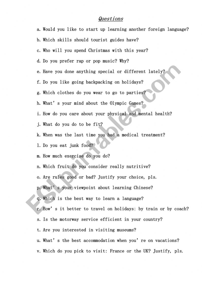 Questionnaire worksheet