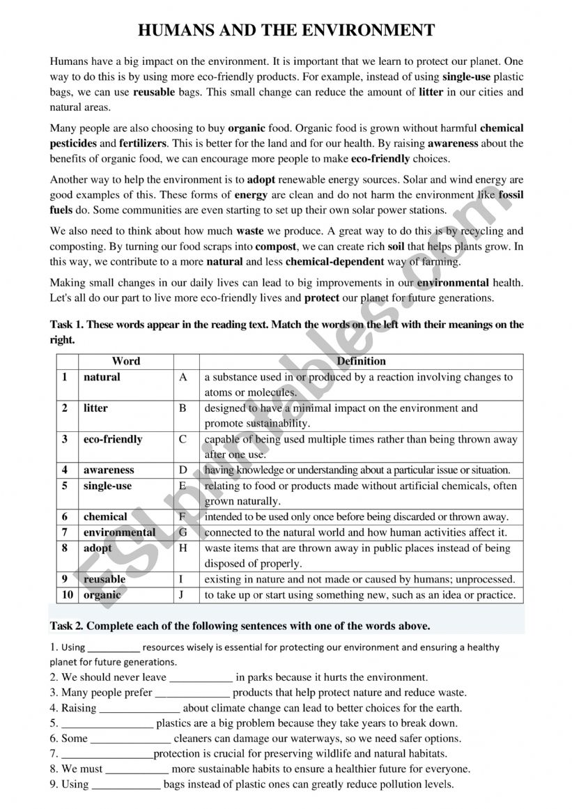 HUMANS AND THE ENVIRONMENT worksheet