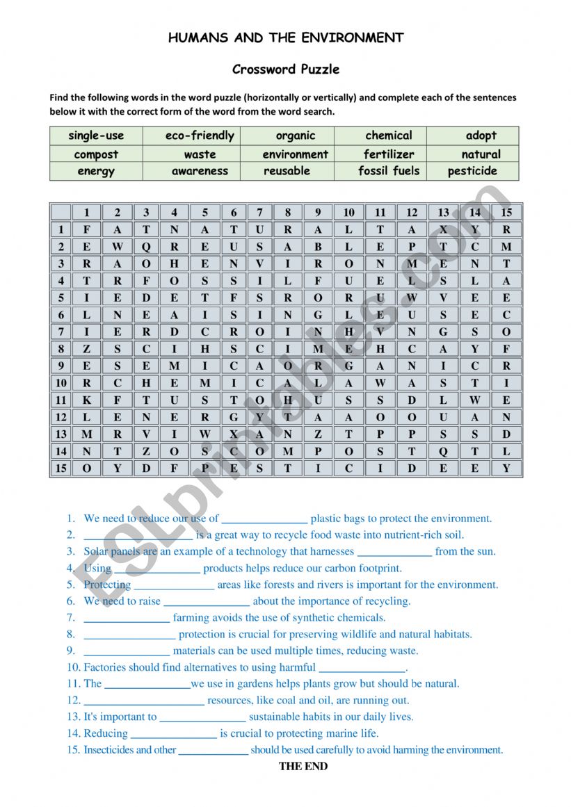 HUMANS AND THE ENVIRONMENT worksheet