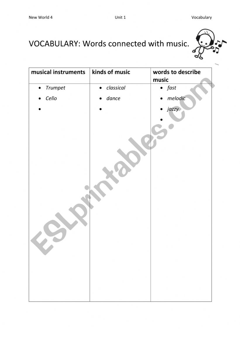 Worksheet: find Vocabulary about Music