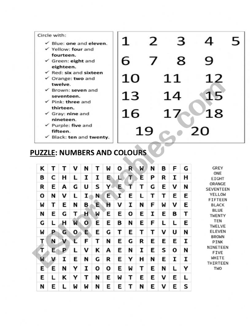 Numbers and colours worksheet