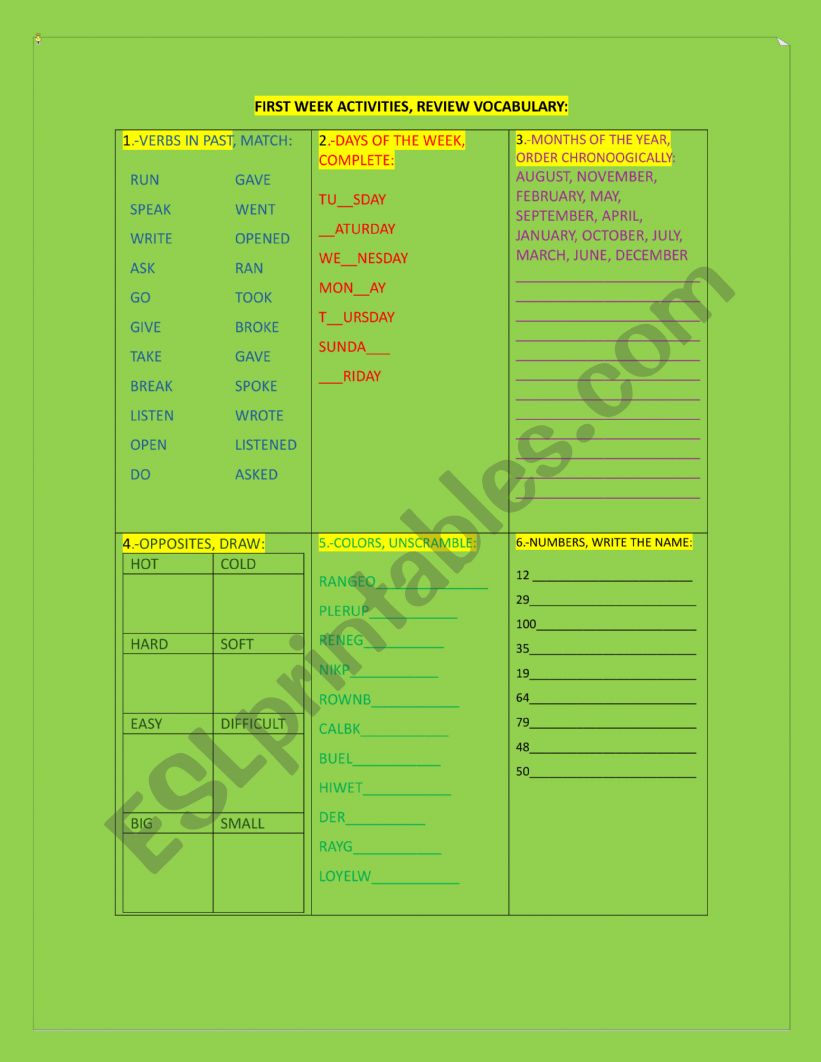 FIRST WEEK ACTIVITIES worksheet