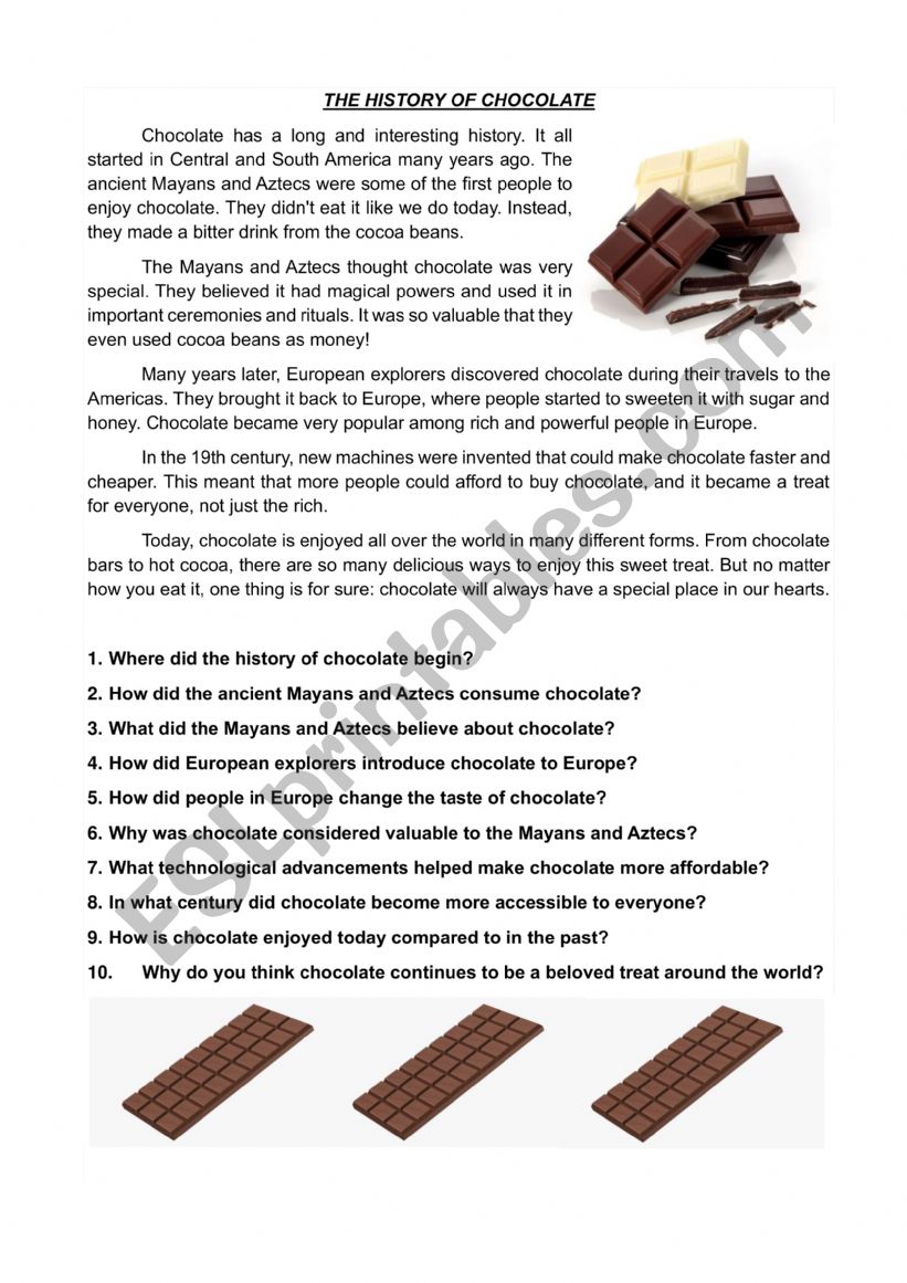 History of Chocolate worksheet