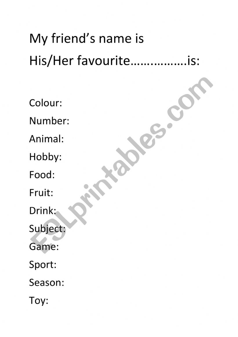 My Favourtie things worksheet