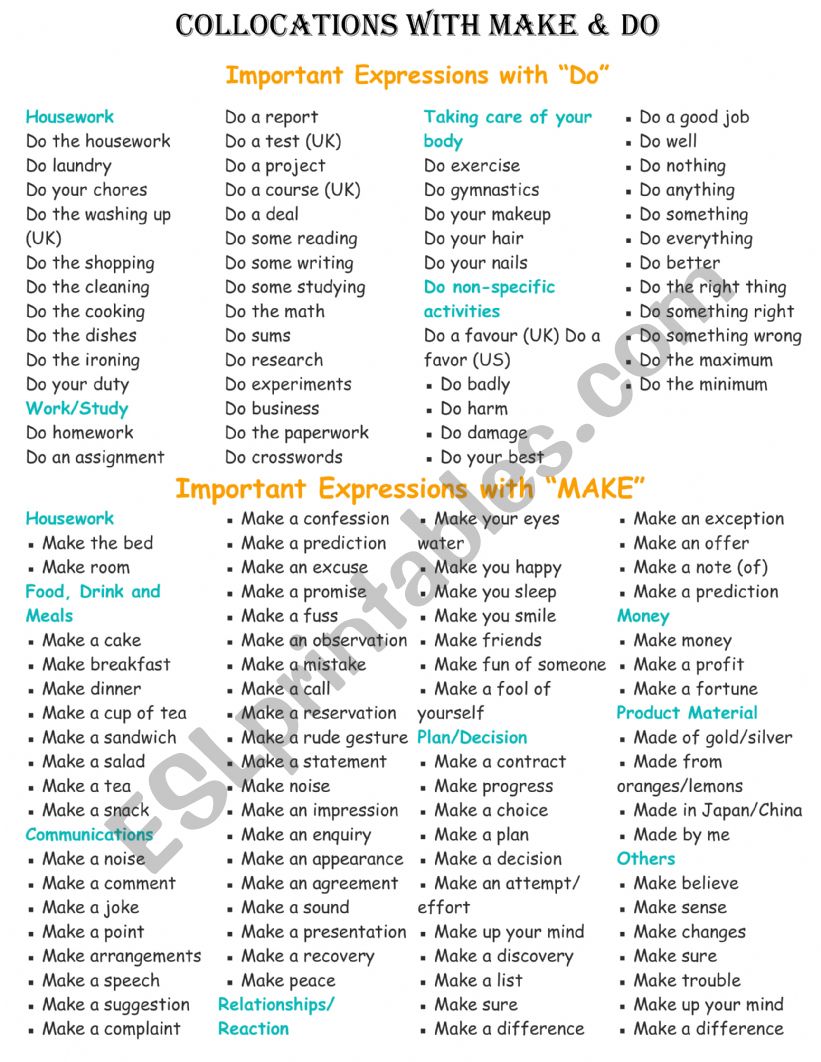 Collocations  Make Vs Do worksheet