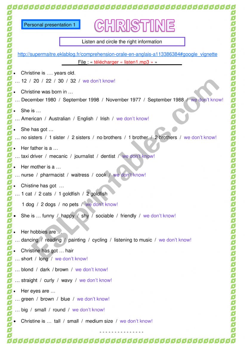 Oral comprehension - personal presentation