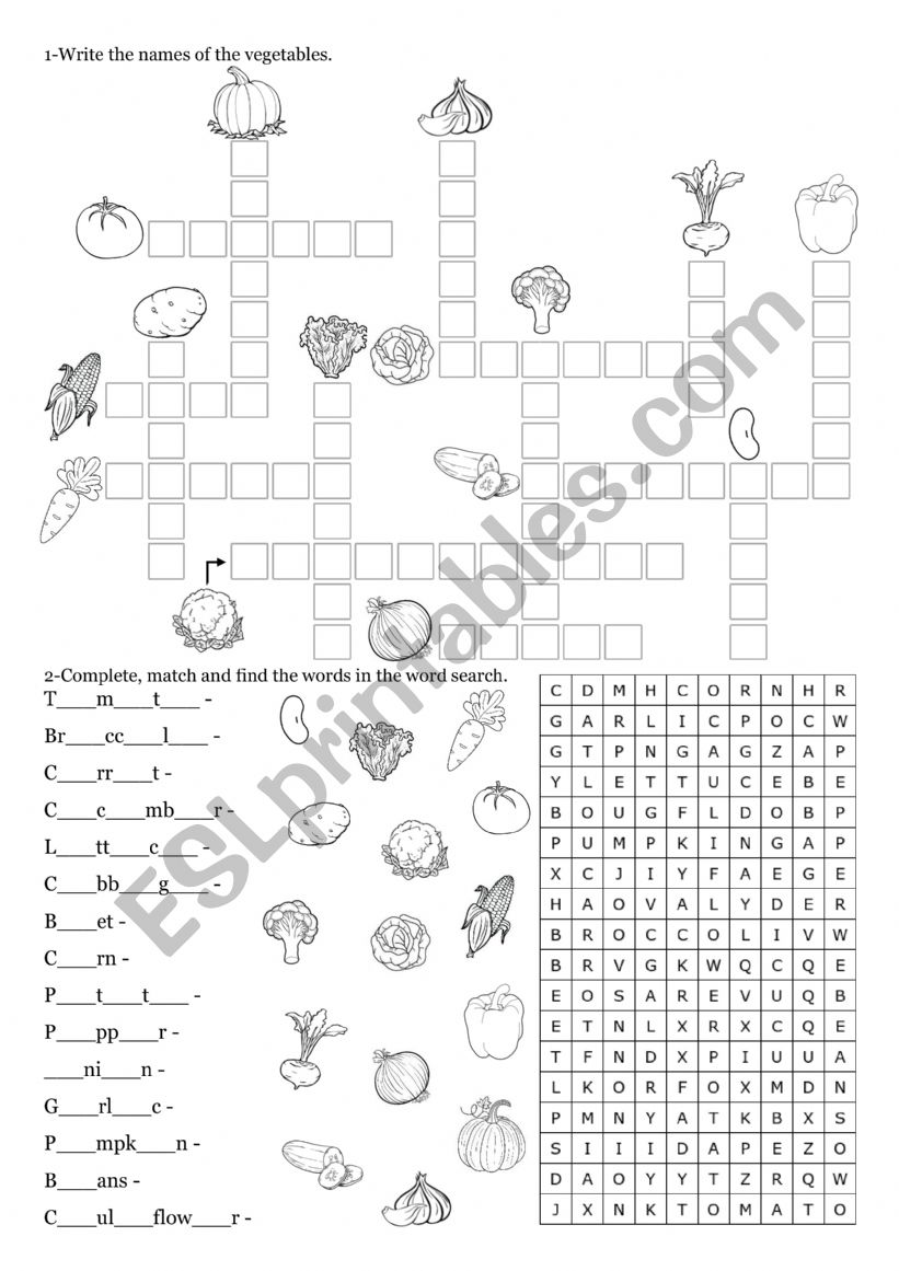 Vegetables (crossword, matching and word search)