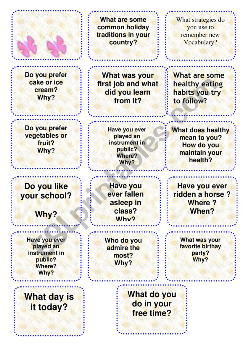 Speaking cards worksheet