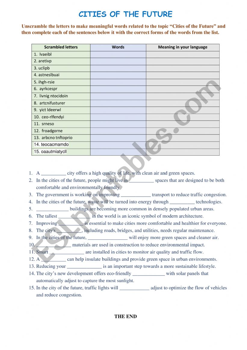 CITIES OF THE FUTURE worksheet