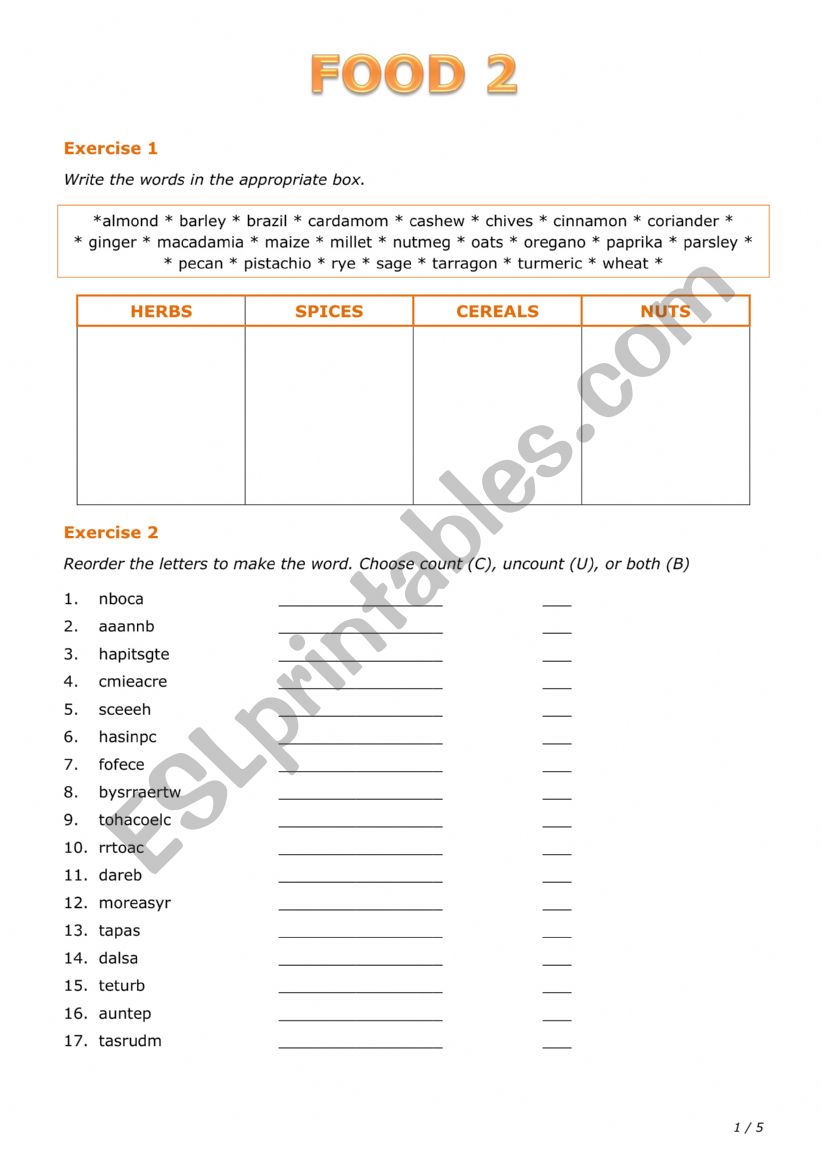 Food 2 worksheet