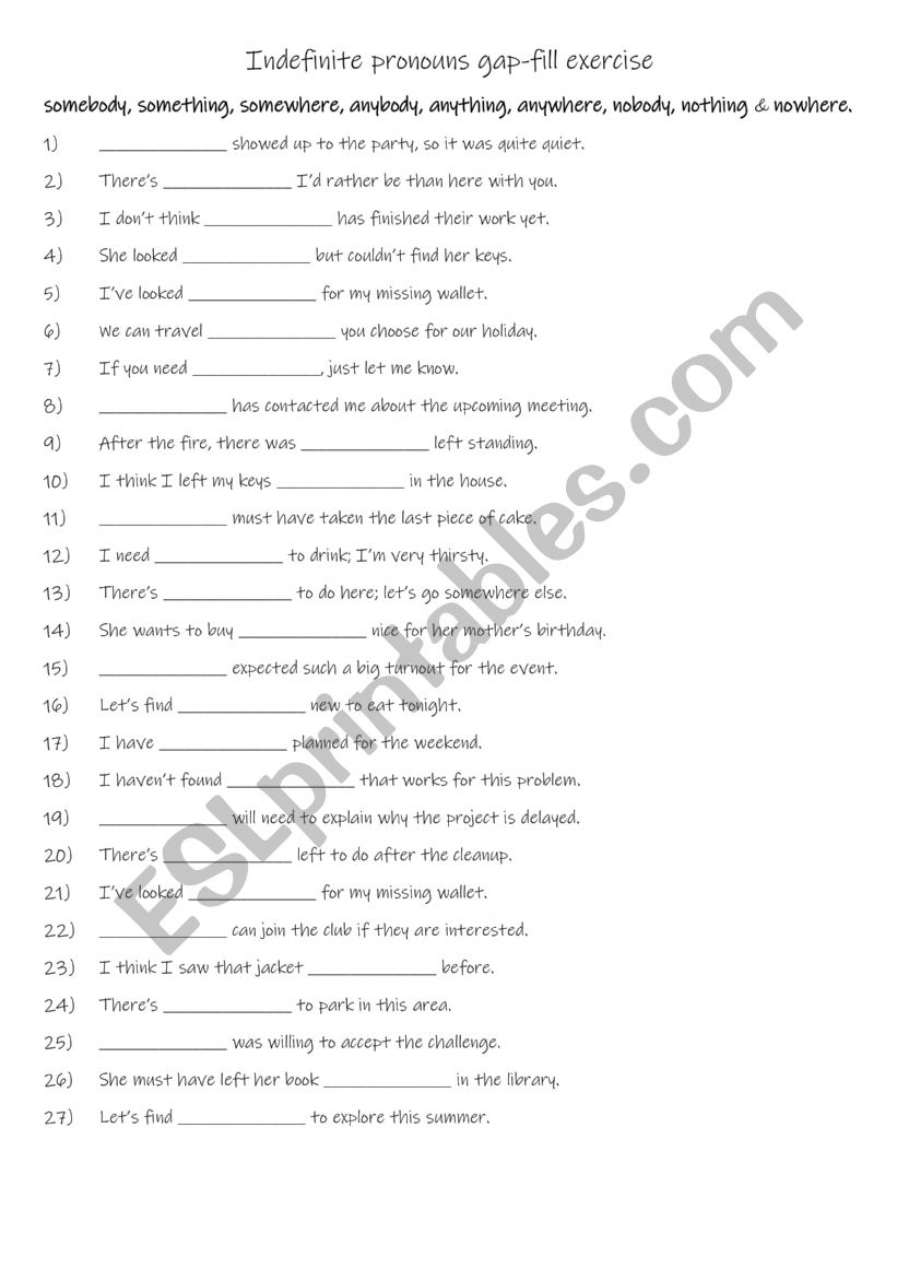 9 Indefinite pronouns gap-fill exercise