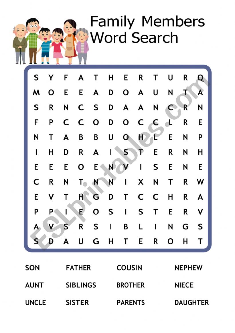 Family members - Word search worksheet