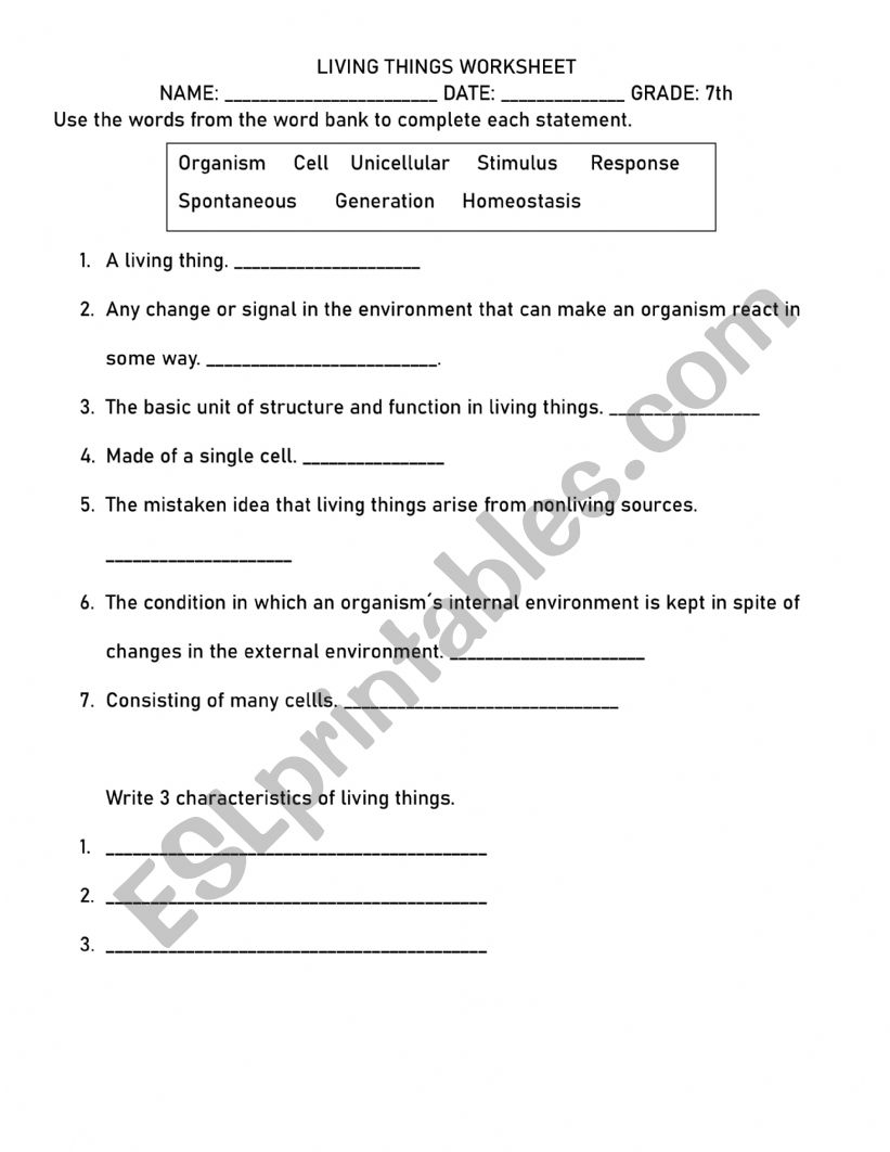 LIVING THINGS WORKSHEET  worksheet