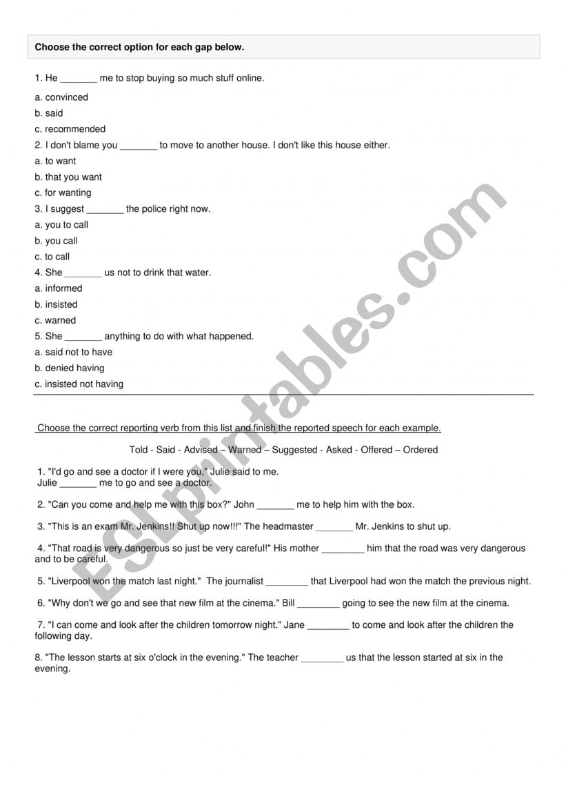 Reported speech worksheet