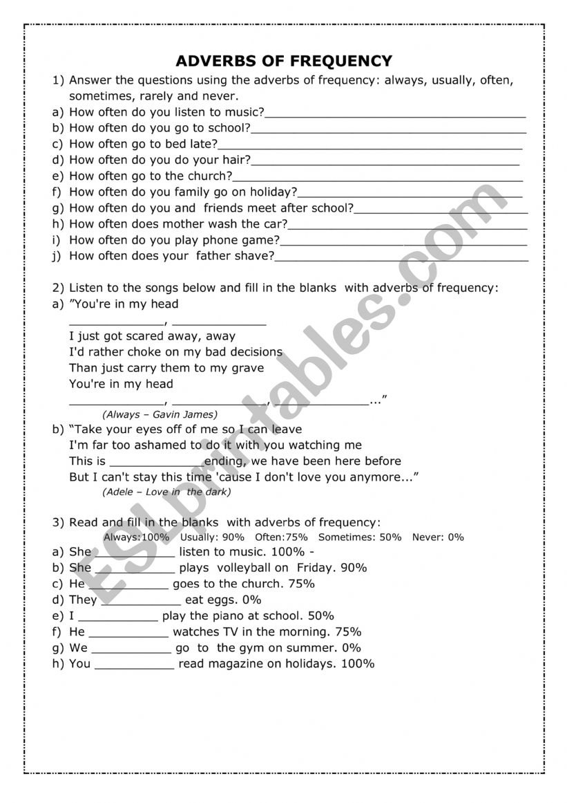 Adverbs of frequency worksheet