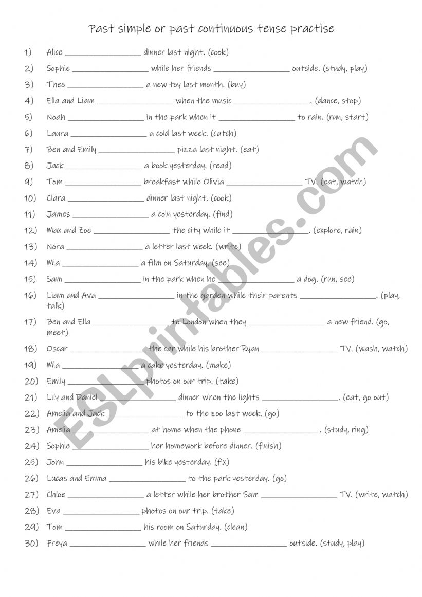 A1 Past simple or past continuous tense practise