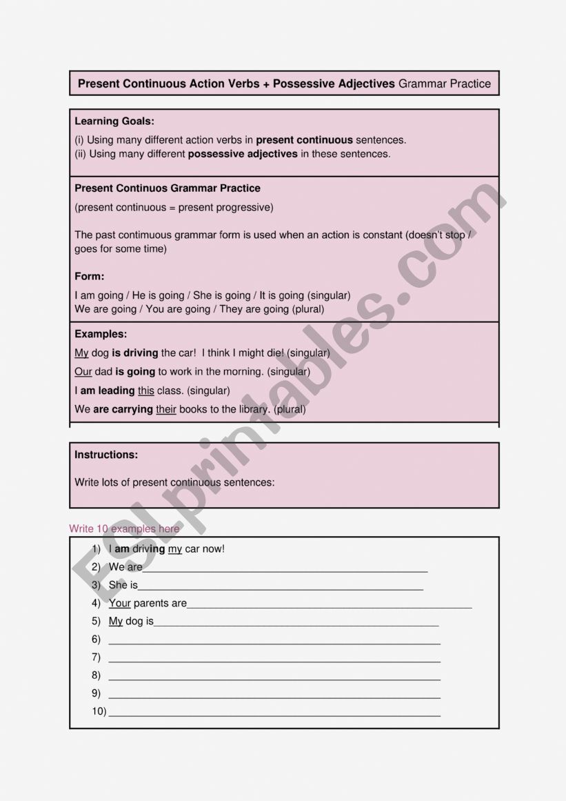 Present Continuous Action Verbs + Possessive Adjectives Grammar Practice