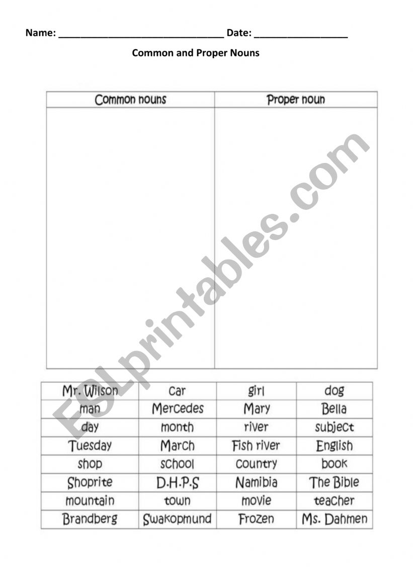 common and proper noun worksheet