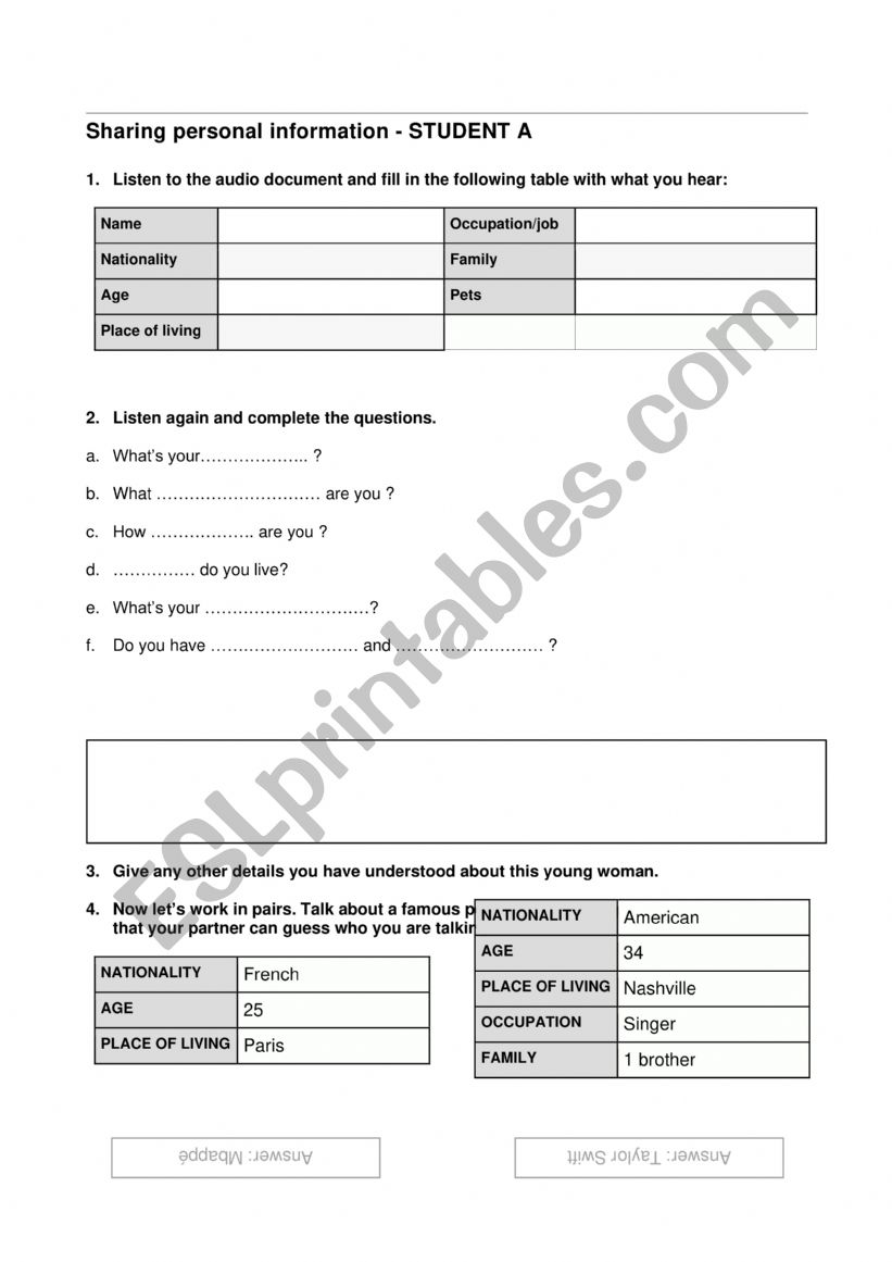 Sharing personal information worksheet