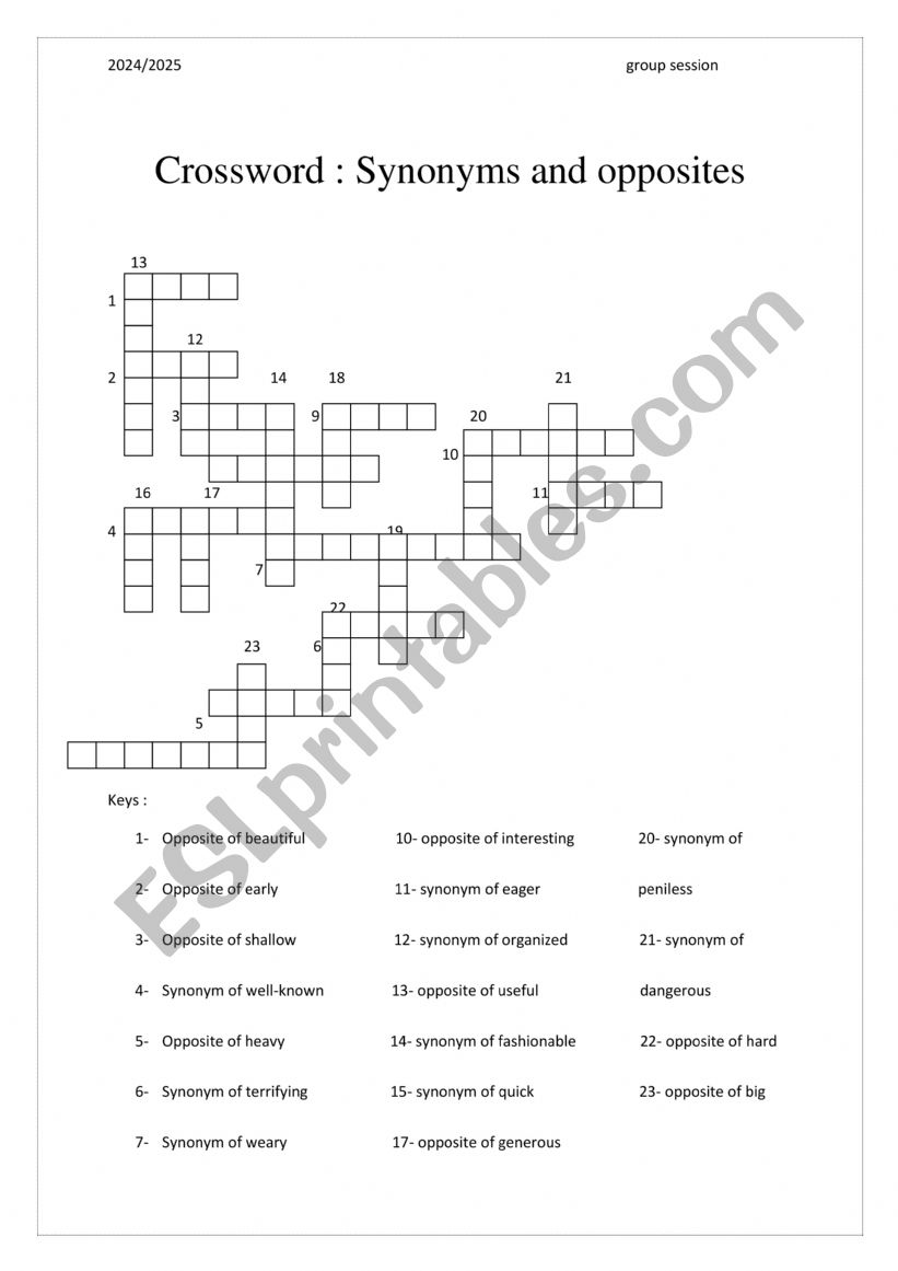 A crossword puzzle worksheet