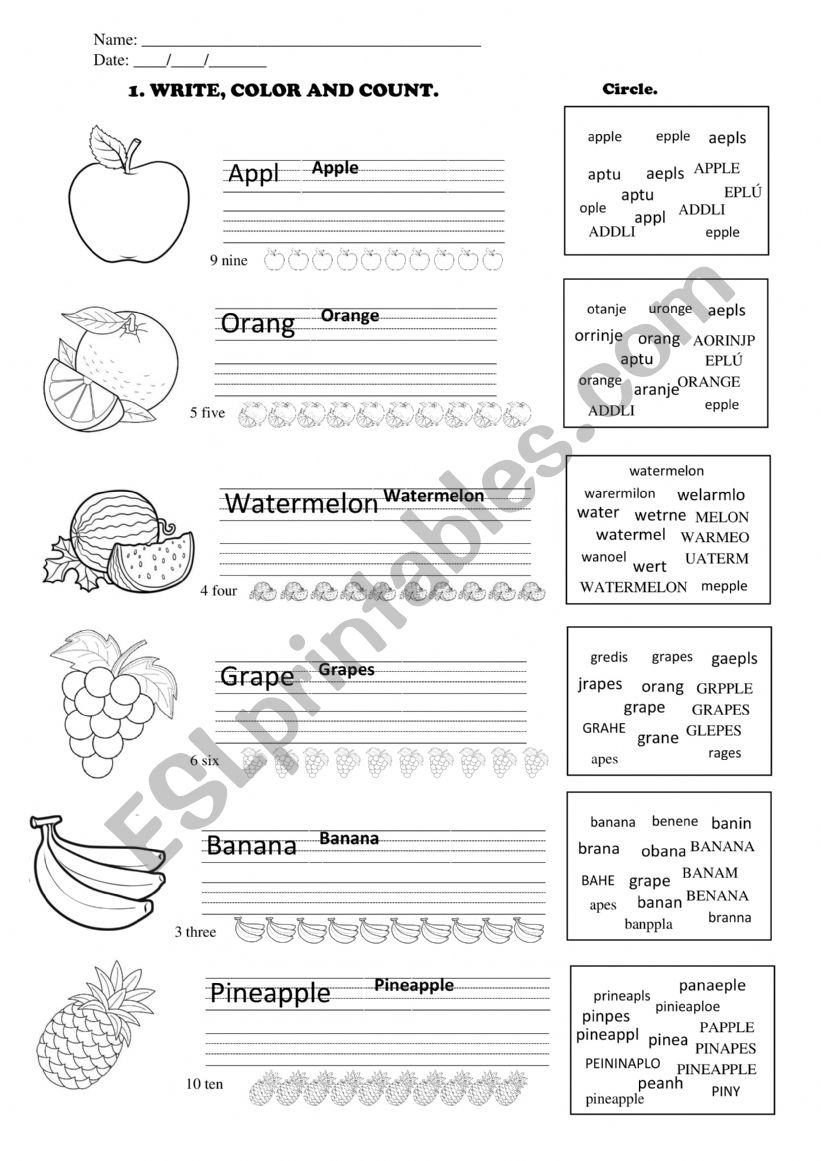 Fruits - writing and counting worksheet