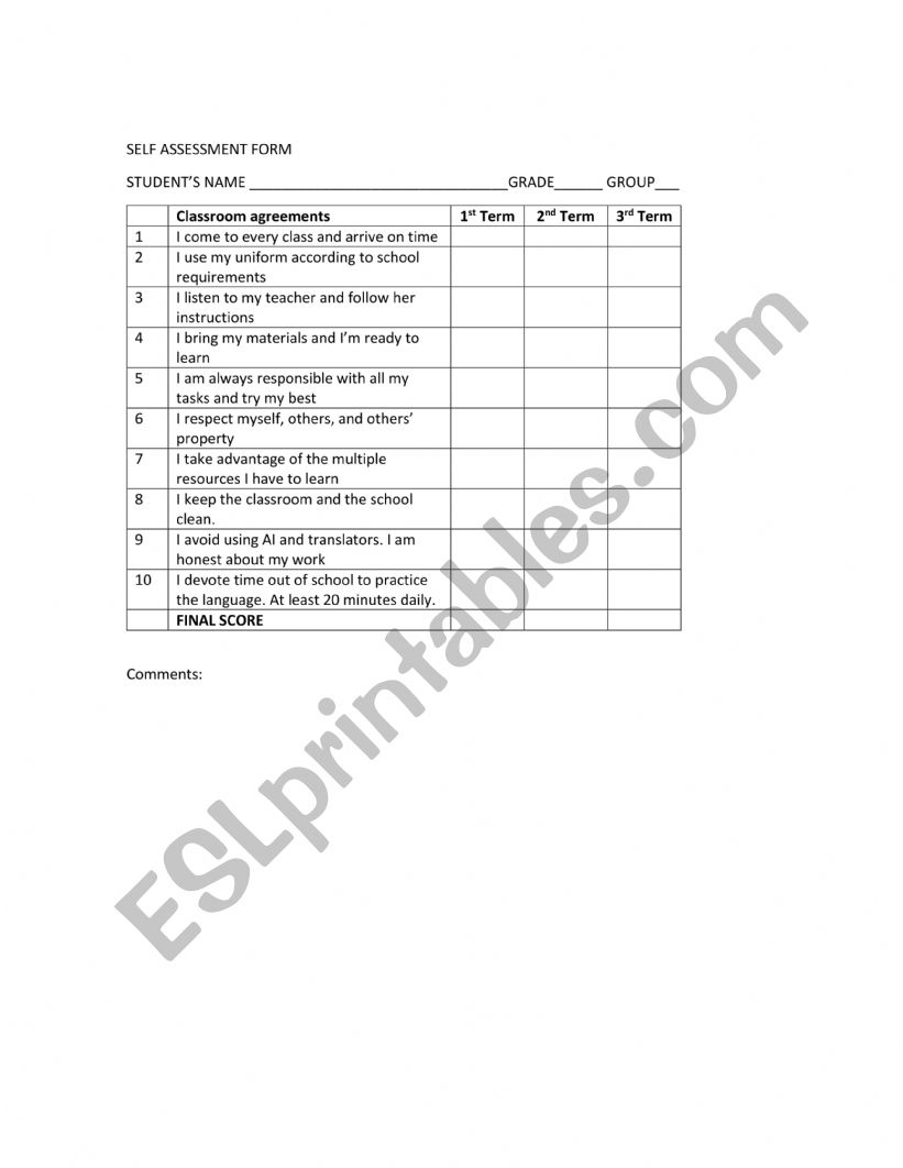 SELF ASSESSMENT FORM worksheet