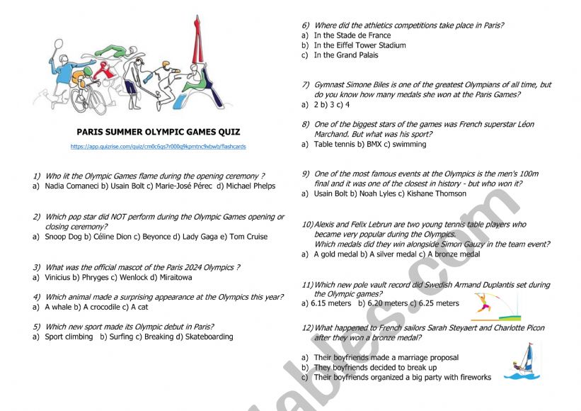 Paris Olympics quiz worksheet