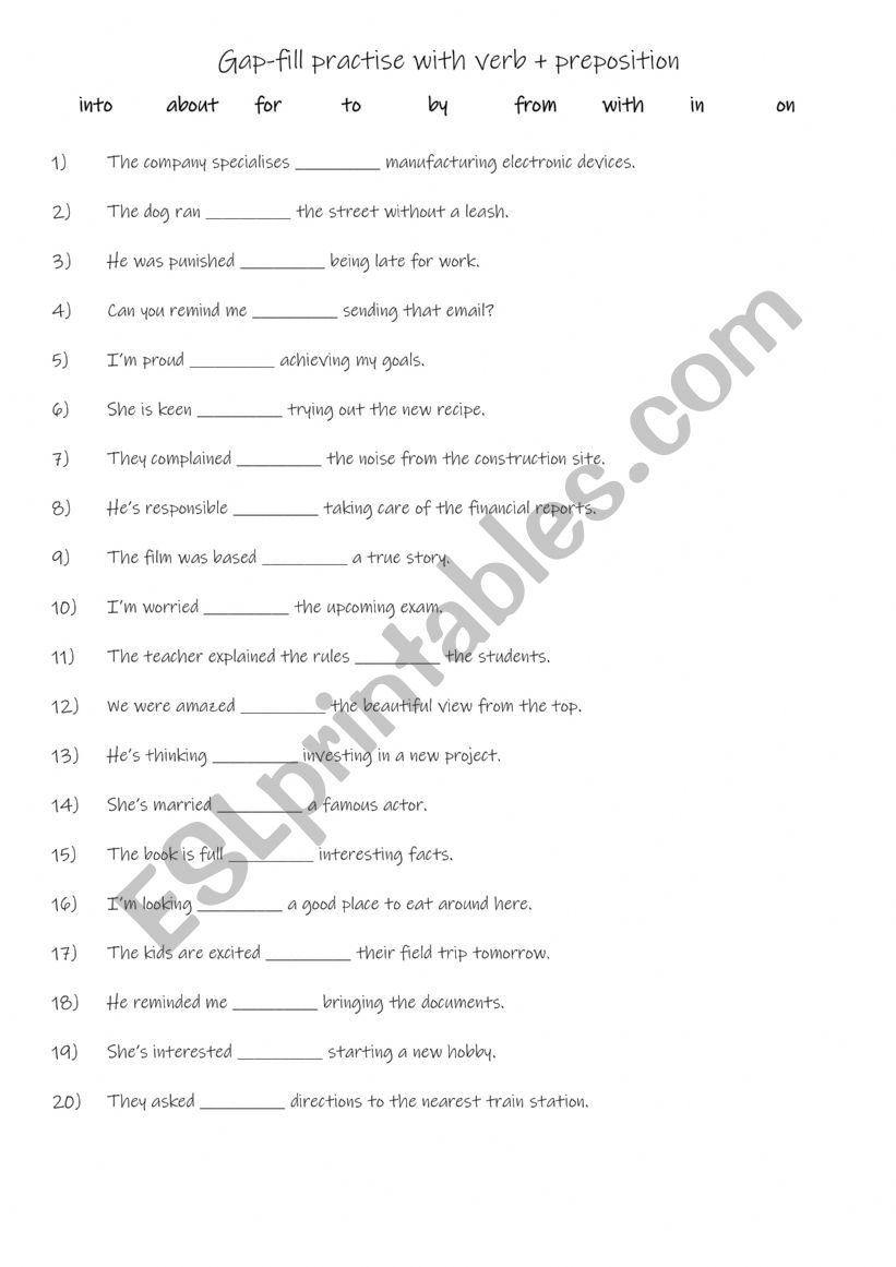 A2+-B1 Gap-fill practise with verb + 9 prepositions 