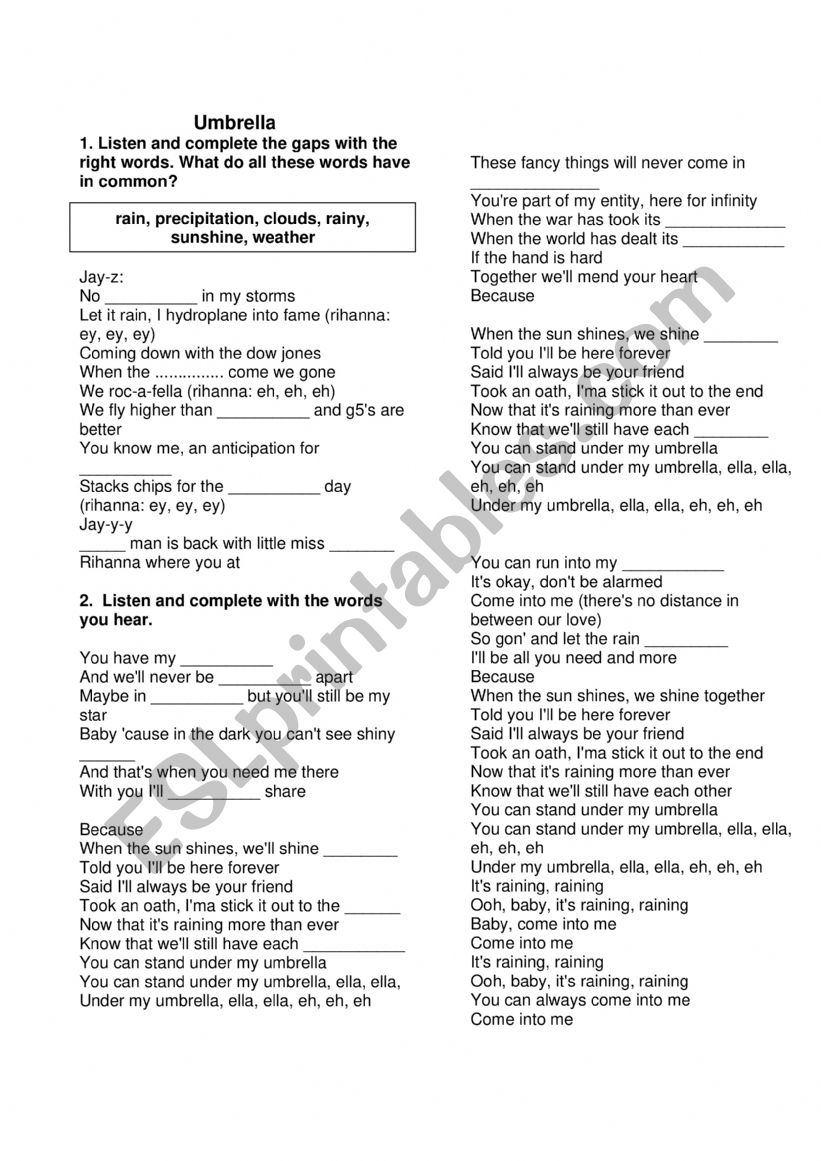 UMBRELLA worksheet