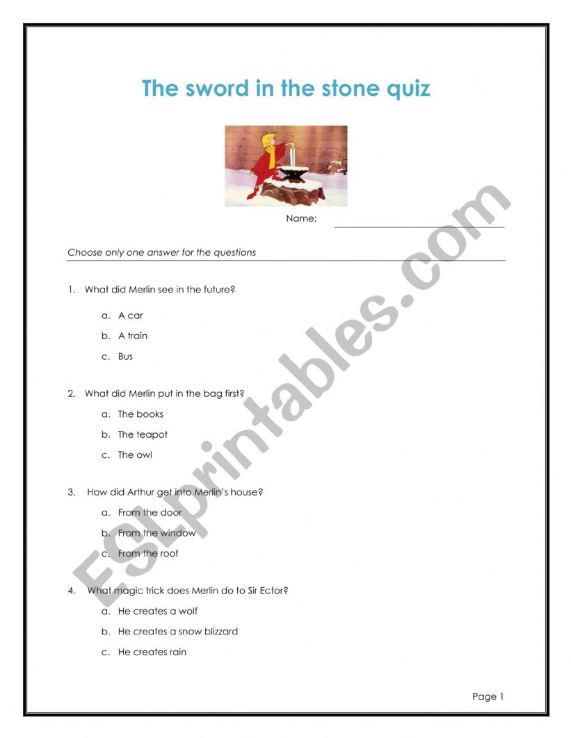 The sword in the stone quiz worksheet