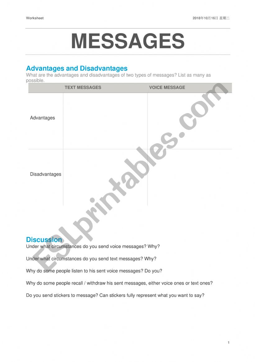 messages worksheet