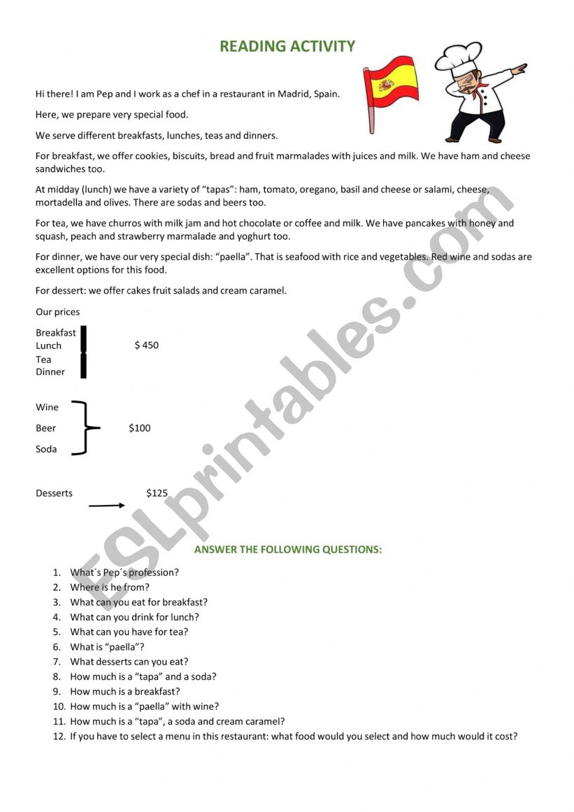 Restaurant menu - Spain worksheet