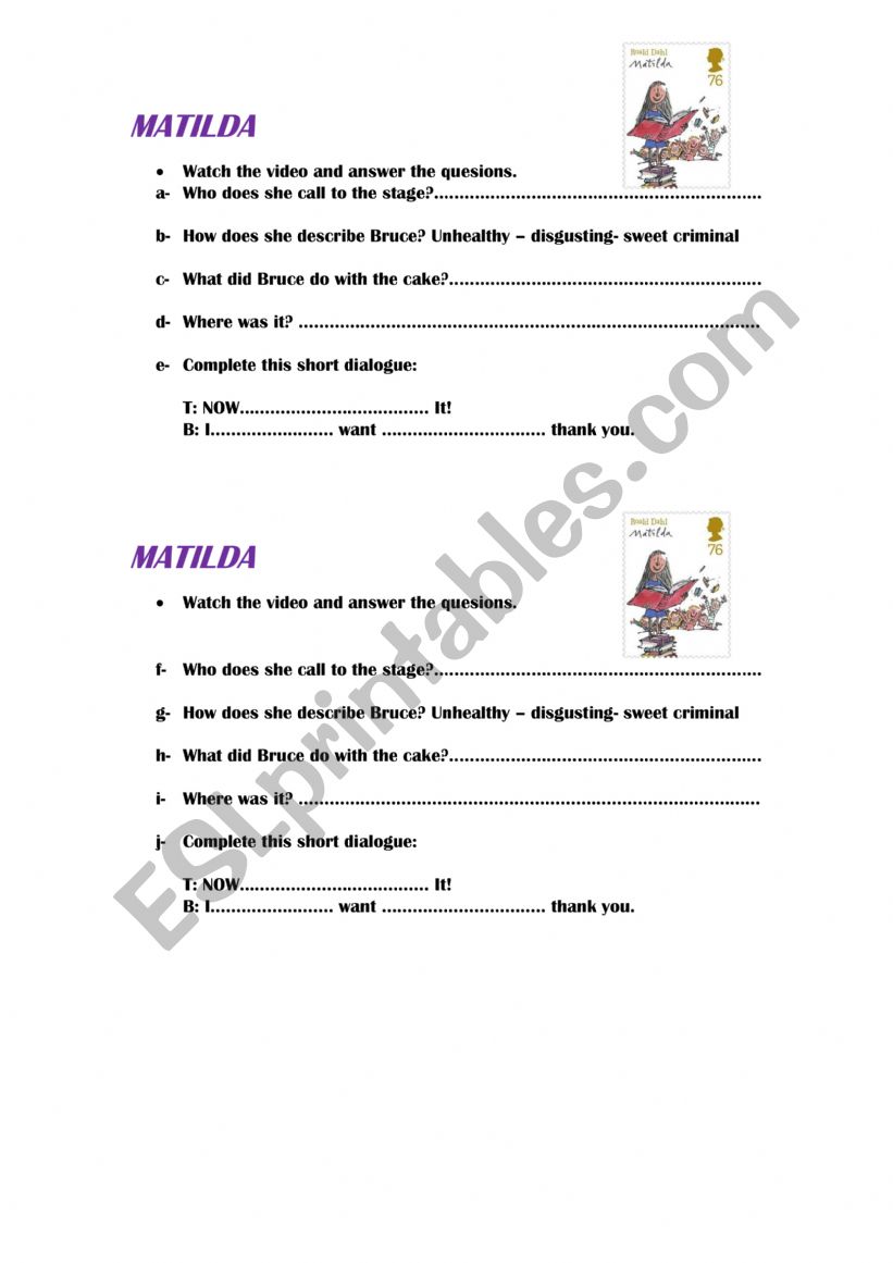 Matilda�s scene worksheet