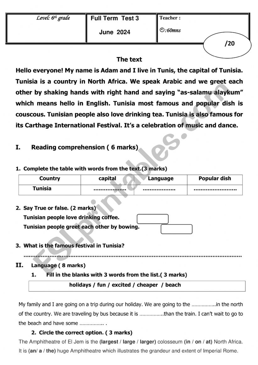 full term 6th form tunisia worksheet