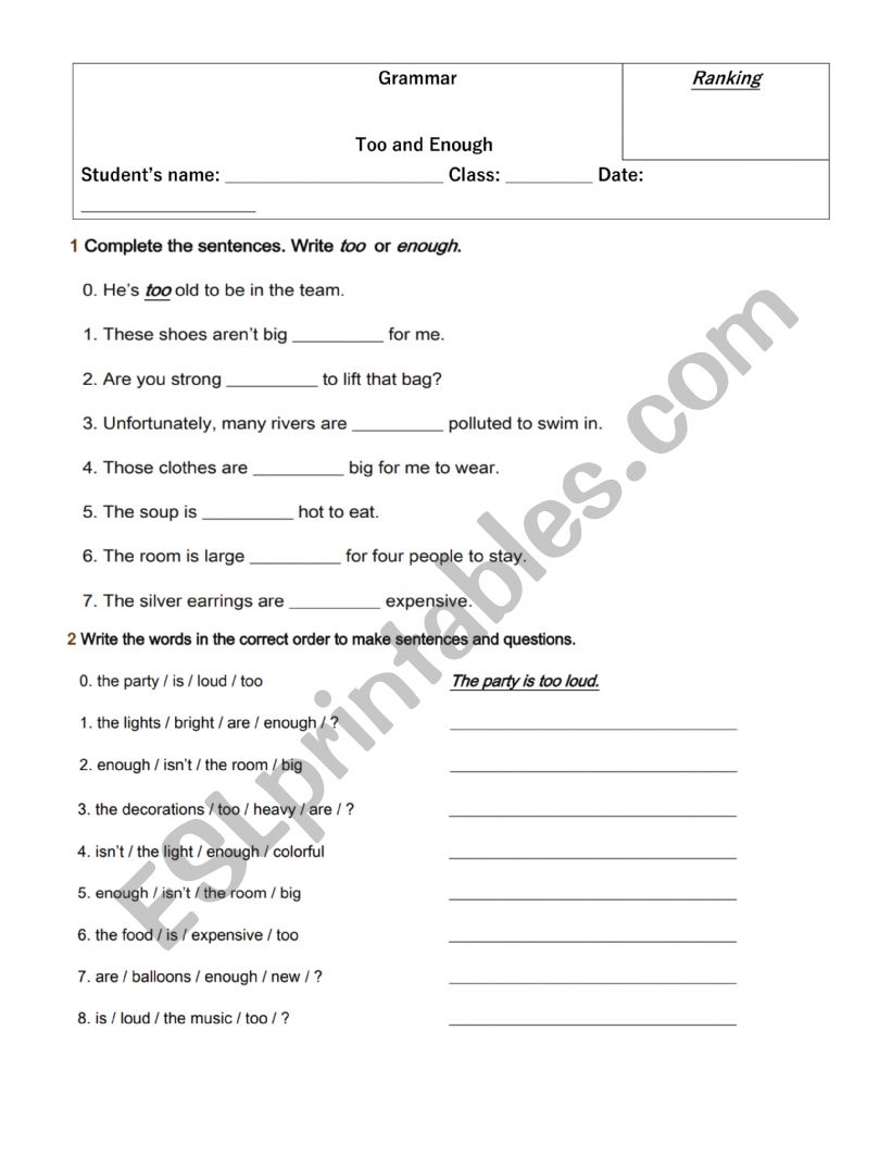 TOO / ENOUGH worksheet