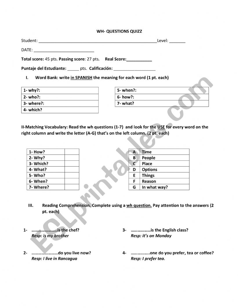 WH questions quizz test  worksheet