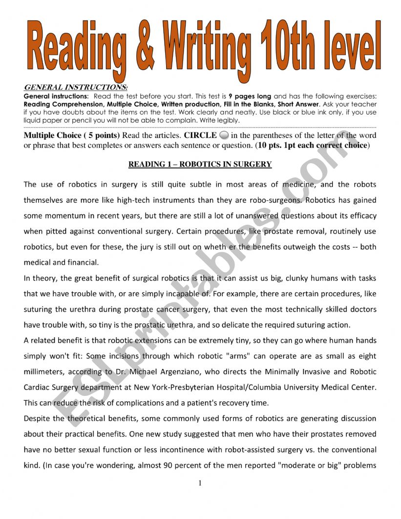 Reading and writing test 10th grade