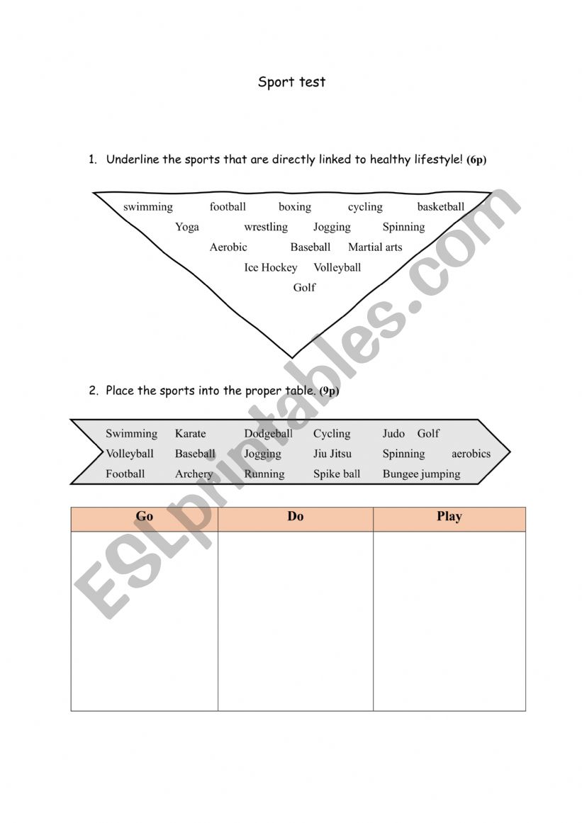 Sport test worksheet