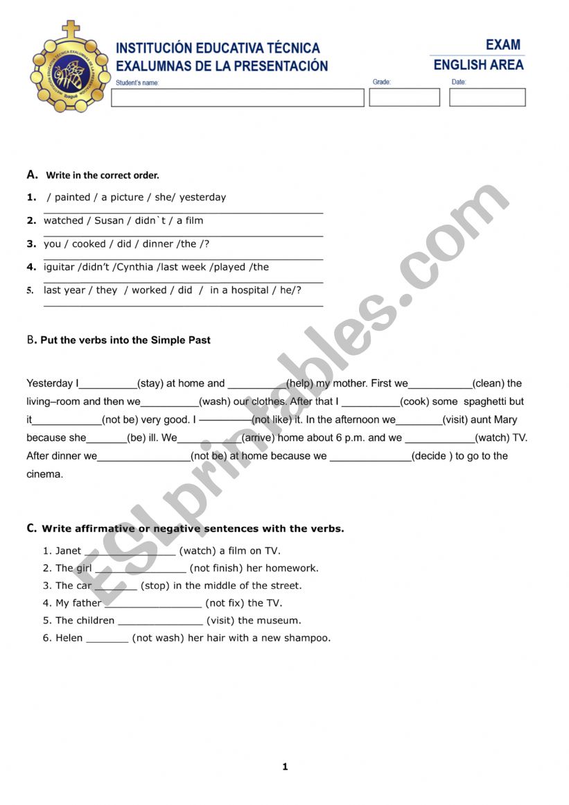 simple past exam worksheet