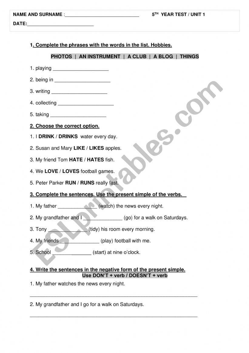 SIMPLE PRESENT TEST  worksheet