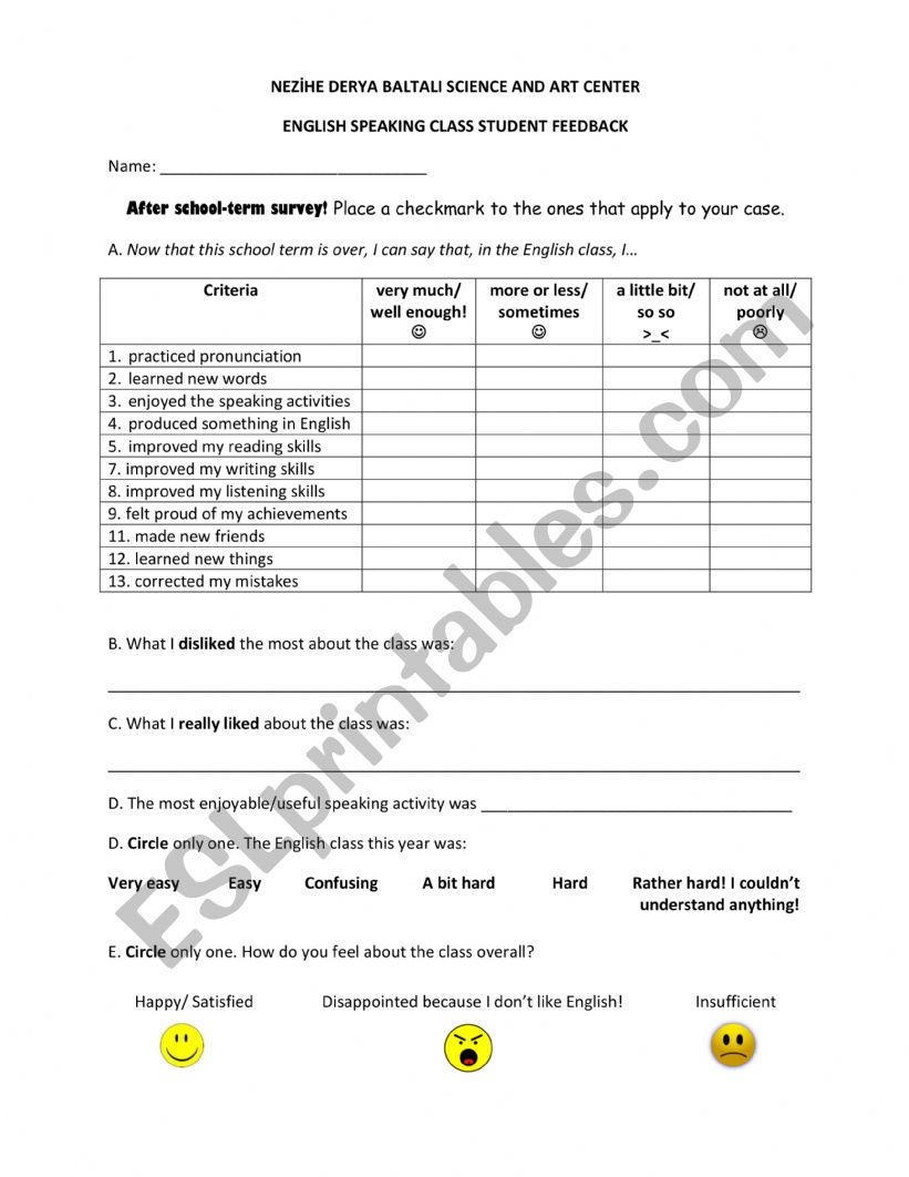 After school activity worksheet