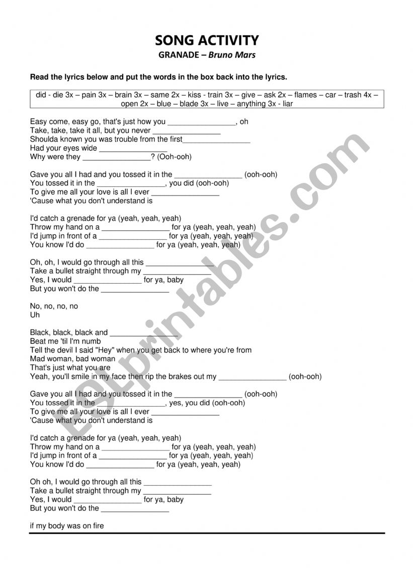 SONG ACTIVITY GRANADE worksheet