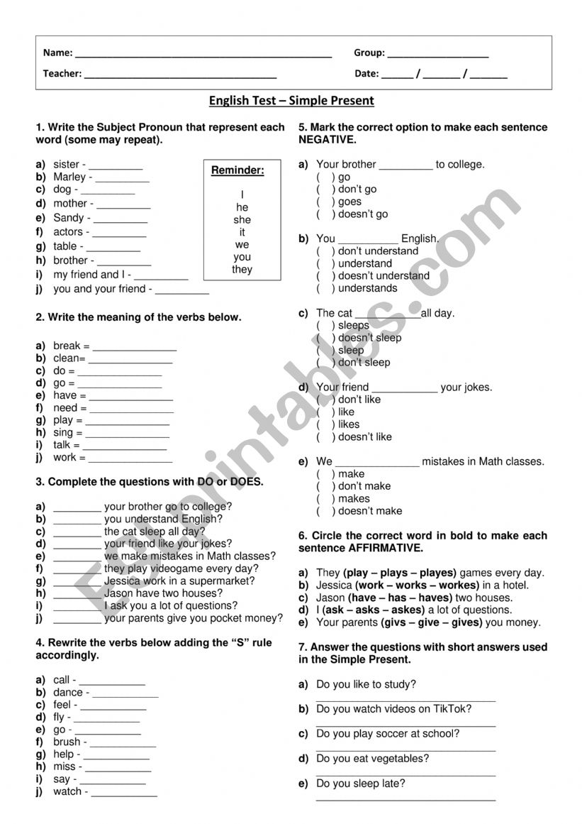 Present Simple Test worksheet