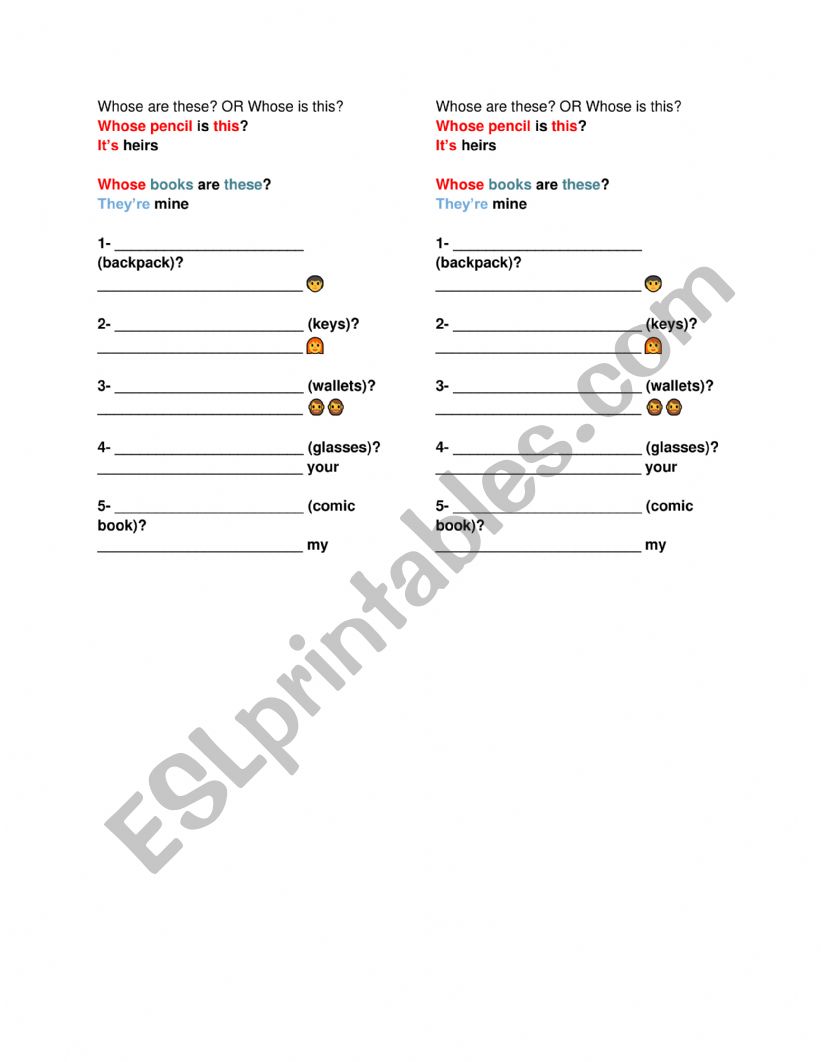 Whose + possessive pronouns worksheet