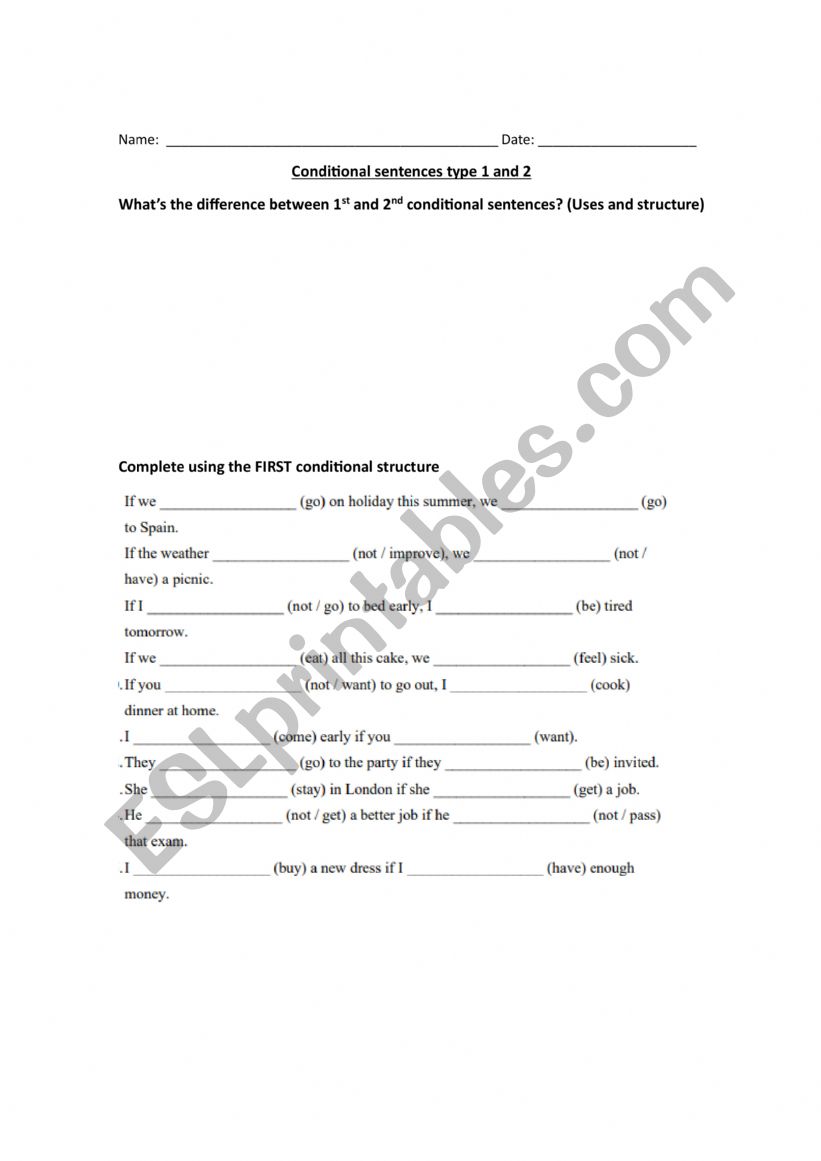 conditionals. test  worksheet