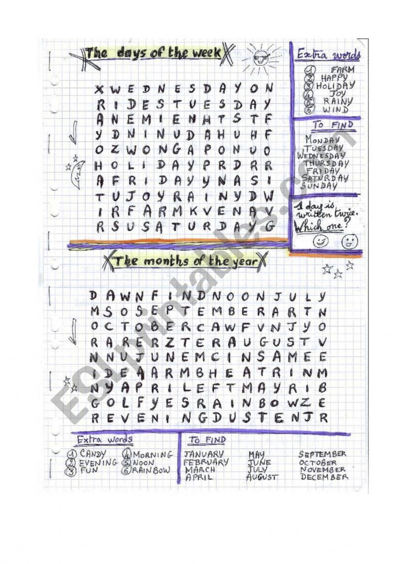 Wordsearch days + months worksheet