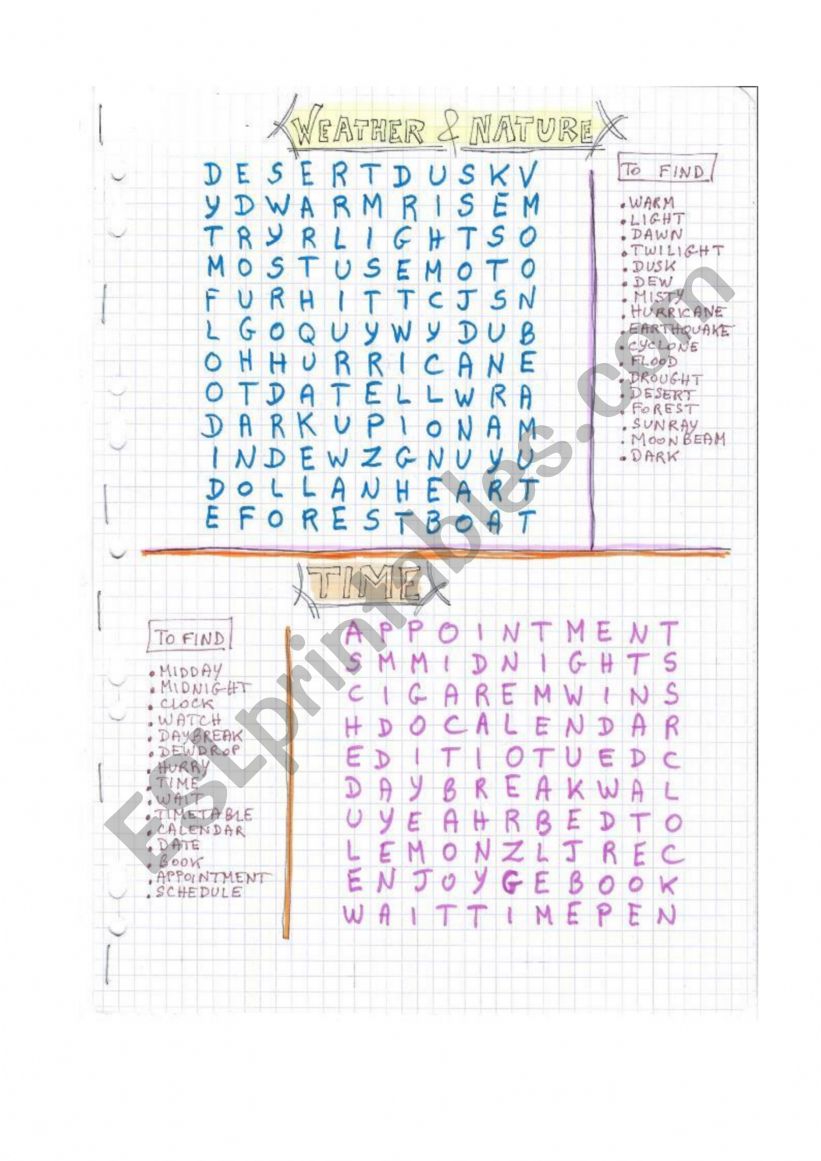 Wordsearch for weather & nature and time