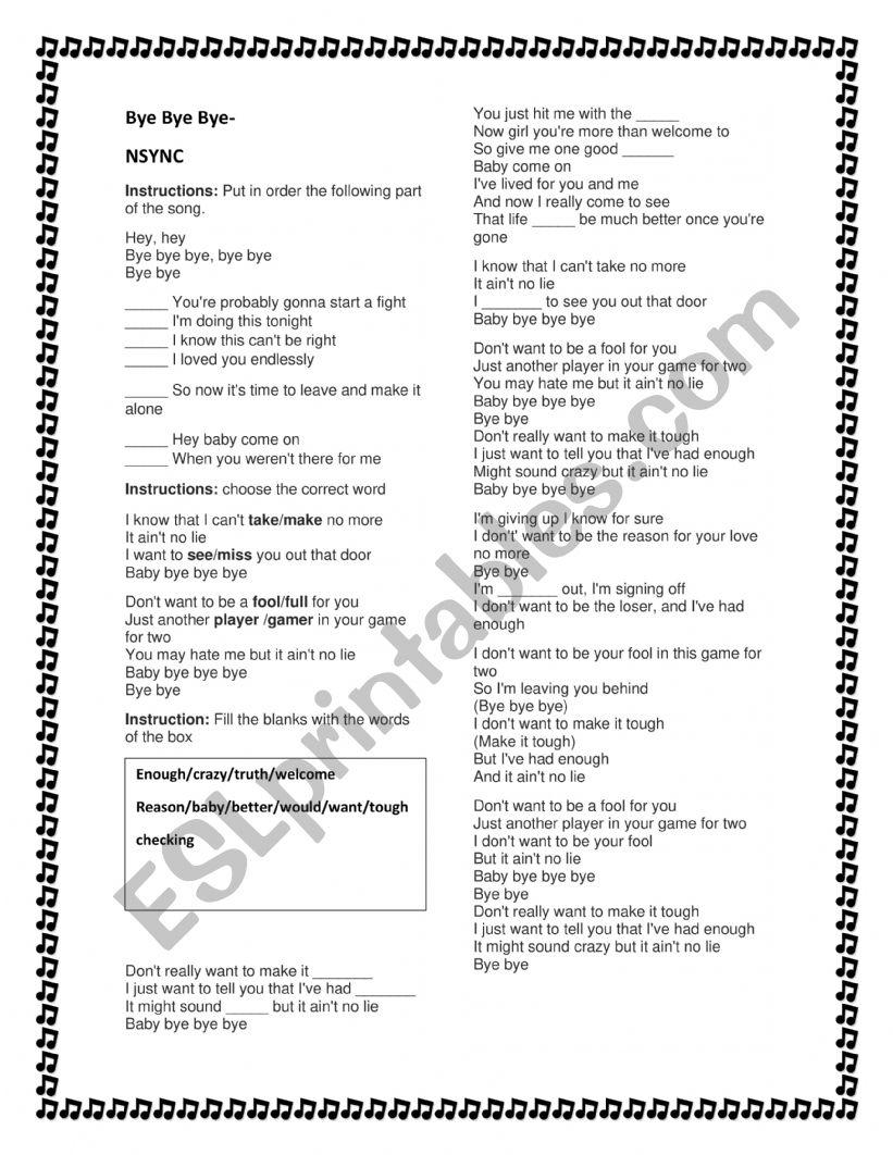 bye bye bye - NSYNC worksheet