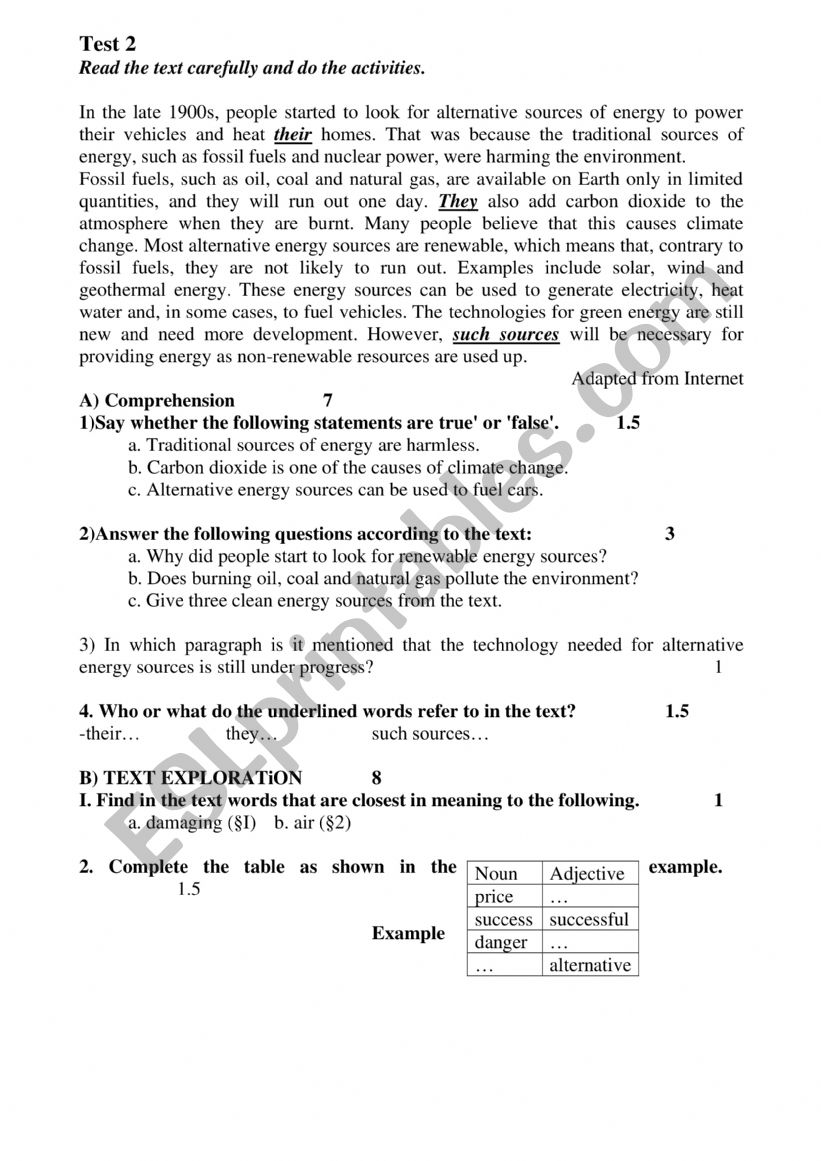 providing energy worksheet