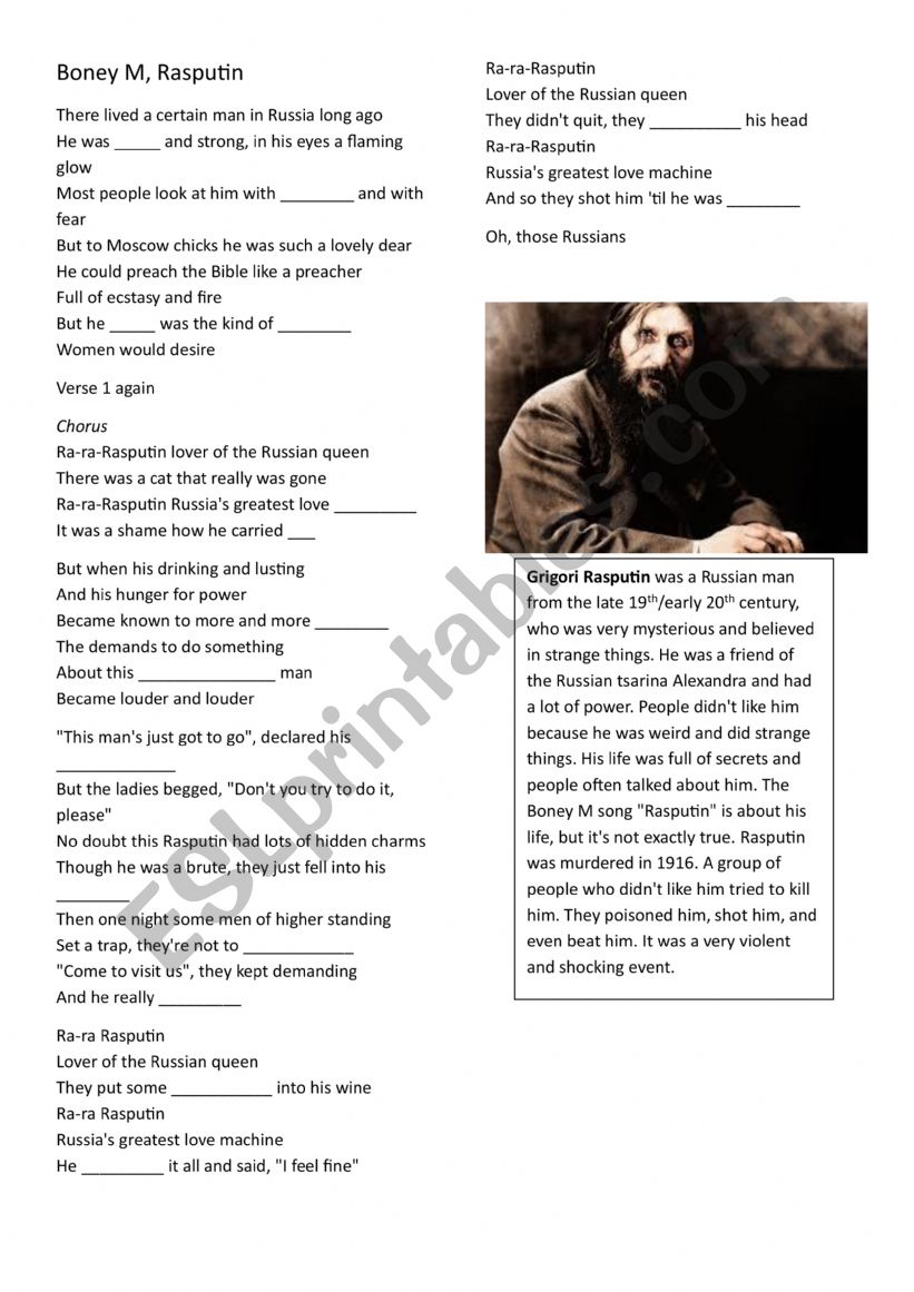 Song Rasputin by Boney M  worksheet